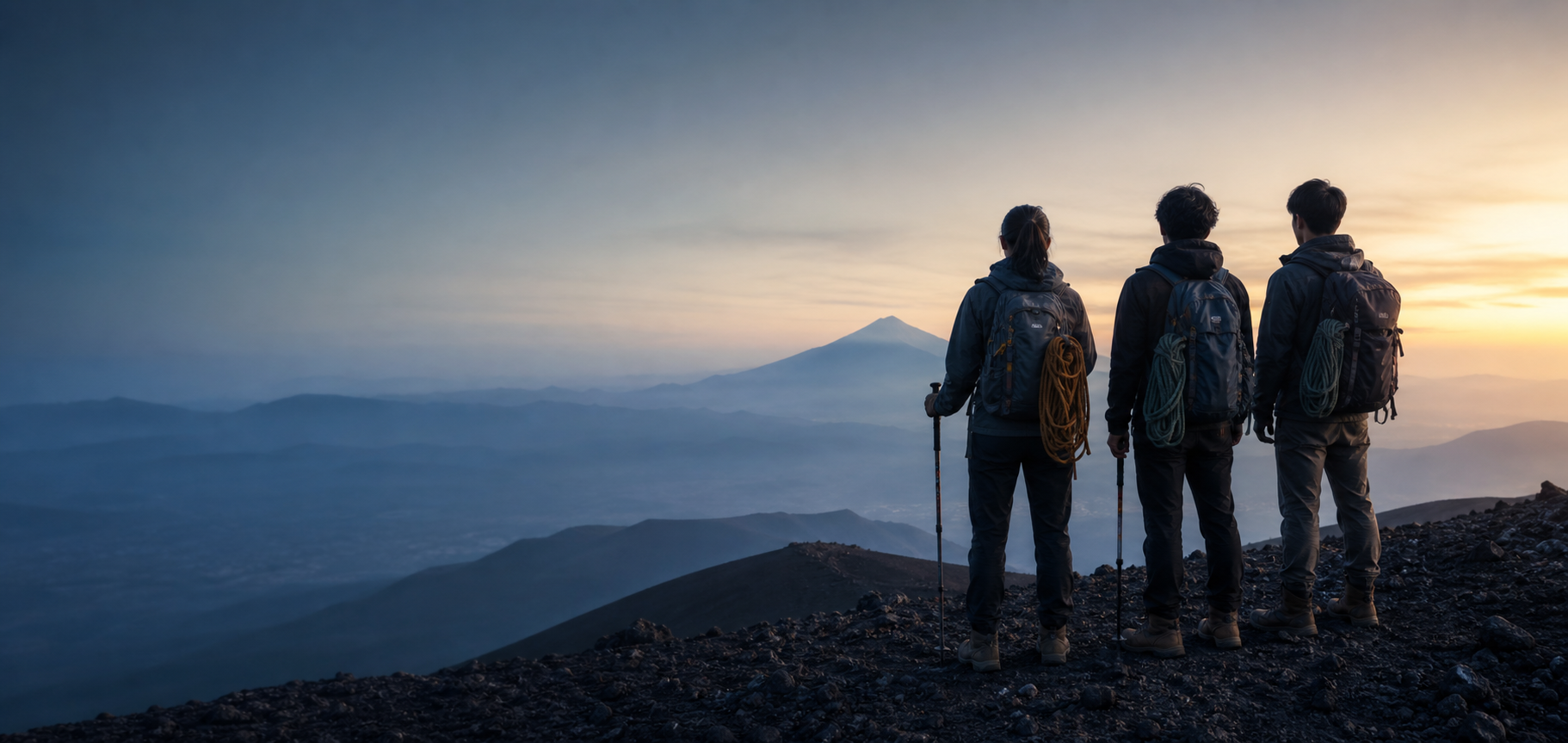 Tiga pegiat alam menatap pegunungan saat fajar